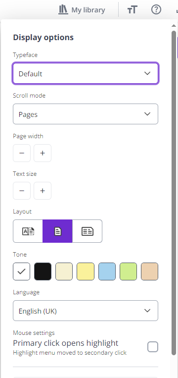 Screenshot of Kortext Display Options