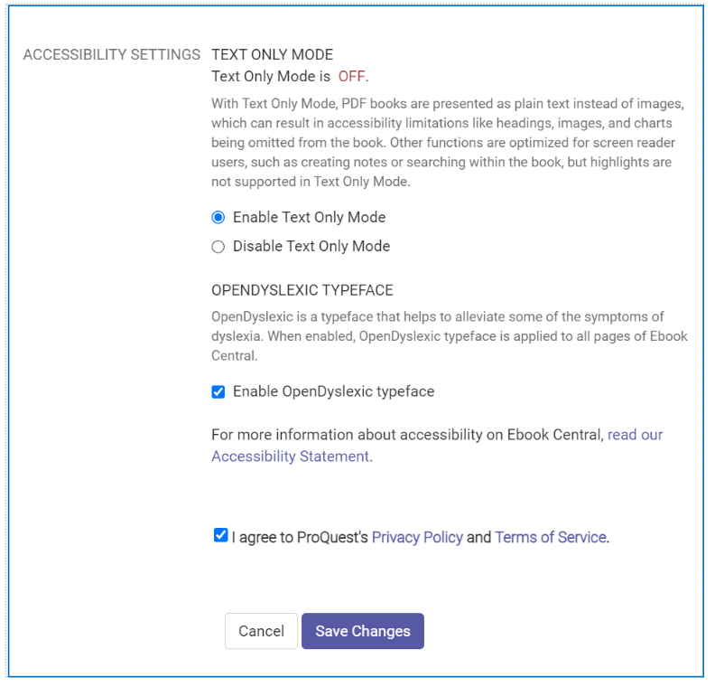 Screenshot of eBook Central Accessibility settings