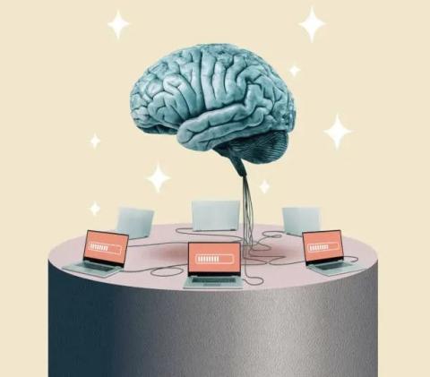 An illustration of a brain plugged into laptops