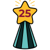 A simplified green, cone-shaped tree topped with a yellow star that has the number twenty five on it