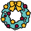 A green festive wreath decorated with a yellow bow and stars and red baubles with a white number ten in the centre