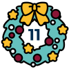 A green festive wreath decorated with a yellow bow and stars and red baubles with a blue number eleven in the centre