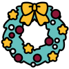 A green festive wreath decorated with a yellow bow and stars and red baubles with a white number eleven in the centre