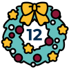 A green festive wreath decorated with a yellow bow and stars and red baubles with a blue number twelve in the centre