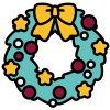 A green festive wreath decorated with a yellow bow and stars and red baubles with a white number twelve in the centre
