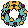 A green festive wreath decorated with a yellow bow and stars and red baubles with a white number fourteen in the centre