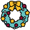A green festive wreath decorated with a yellow bow and stars and red baubles with a white number sixteen in the centre