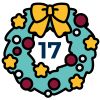 A green festive wreath decorated with a yellow bow and stars and red baubles with a blue number seventeen in the centre