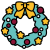 A green festive wreath decorated with a yellow bow and stars and red baubles with a white number seventeen in the centre