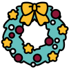A green festive wreath decorated with a yellow bow and stars and red baubles with a white number twenty in the centre