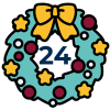 [17:23] Emma Latham A green festive wreath decorated with a yellow bow and stars and red baubles with a blue number twenty four in the centre