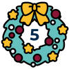 A green festive wreath decorated with a yellow bow and stars and red baubles with a blue number five in the centre