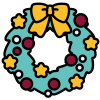 A green festive wreath decorated with a yellow bow and stars and red baubles with a white number five in the centre