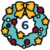 A green festive wreath decorated with a yellow bow and stars and red baubles with a blue number six in the centre
