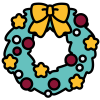 A green festive wreath decorated with a yellow bow and stars and red baubles with a white number six in the centre