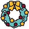 A green festive wreath decorated with a yellow bow and stars and red baubles with a white number seven in the centre