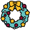A green festive wreath decorated with a yellow bow and stars and red baubles with a white number eight in the centre