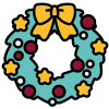 A green festive wreath decorated with a yellow bow and stars and red baubles with a white number nine in the centre
