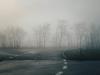 A foggy road with the implication of trees in the background
